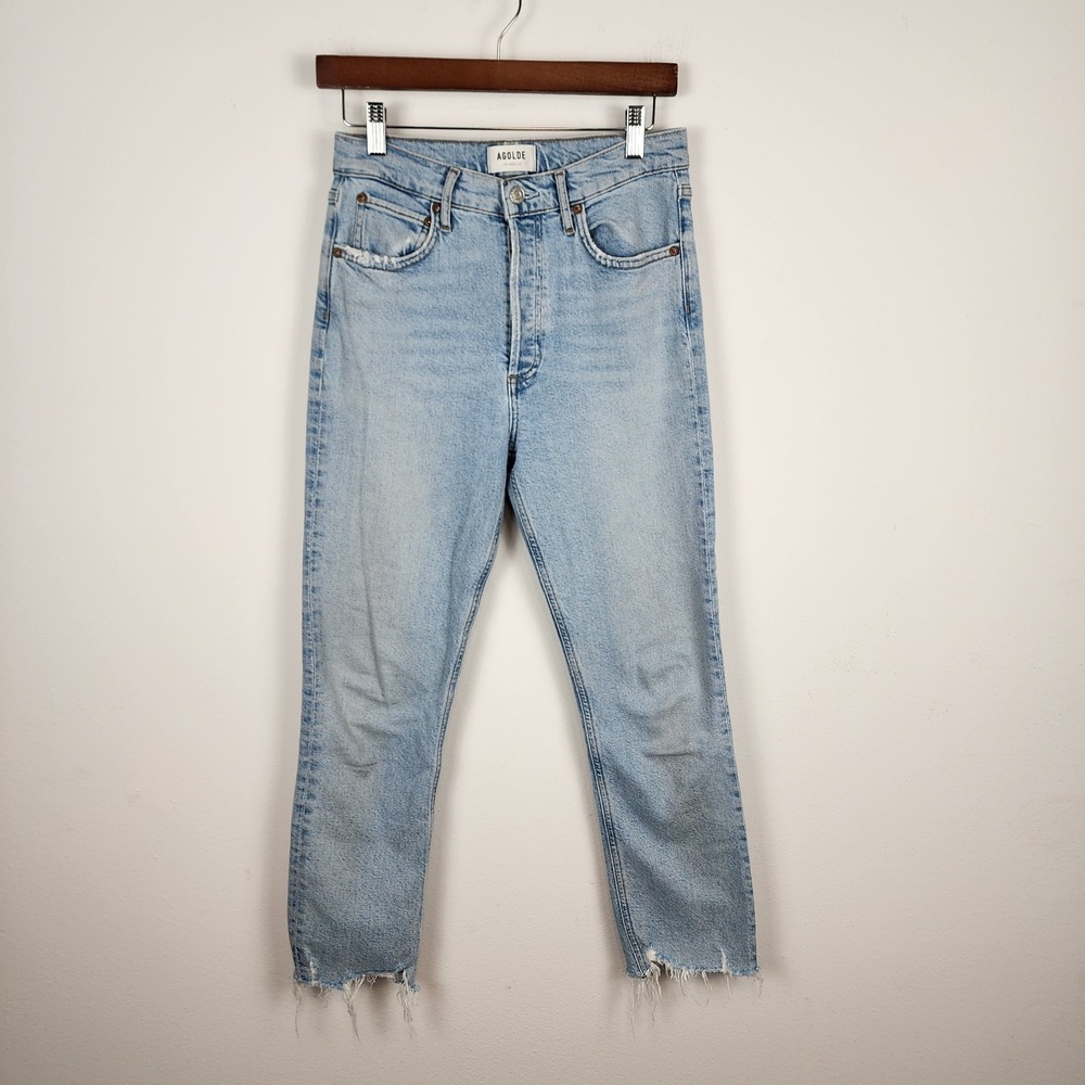 Agolde Riley Crop Button Fly Raw Hem Light Wash Blue Jeans Women's Size 26